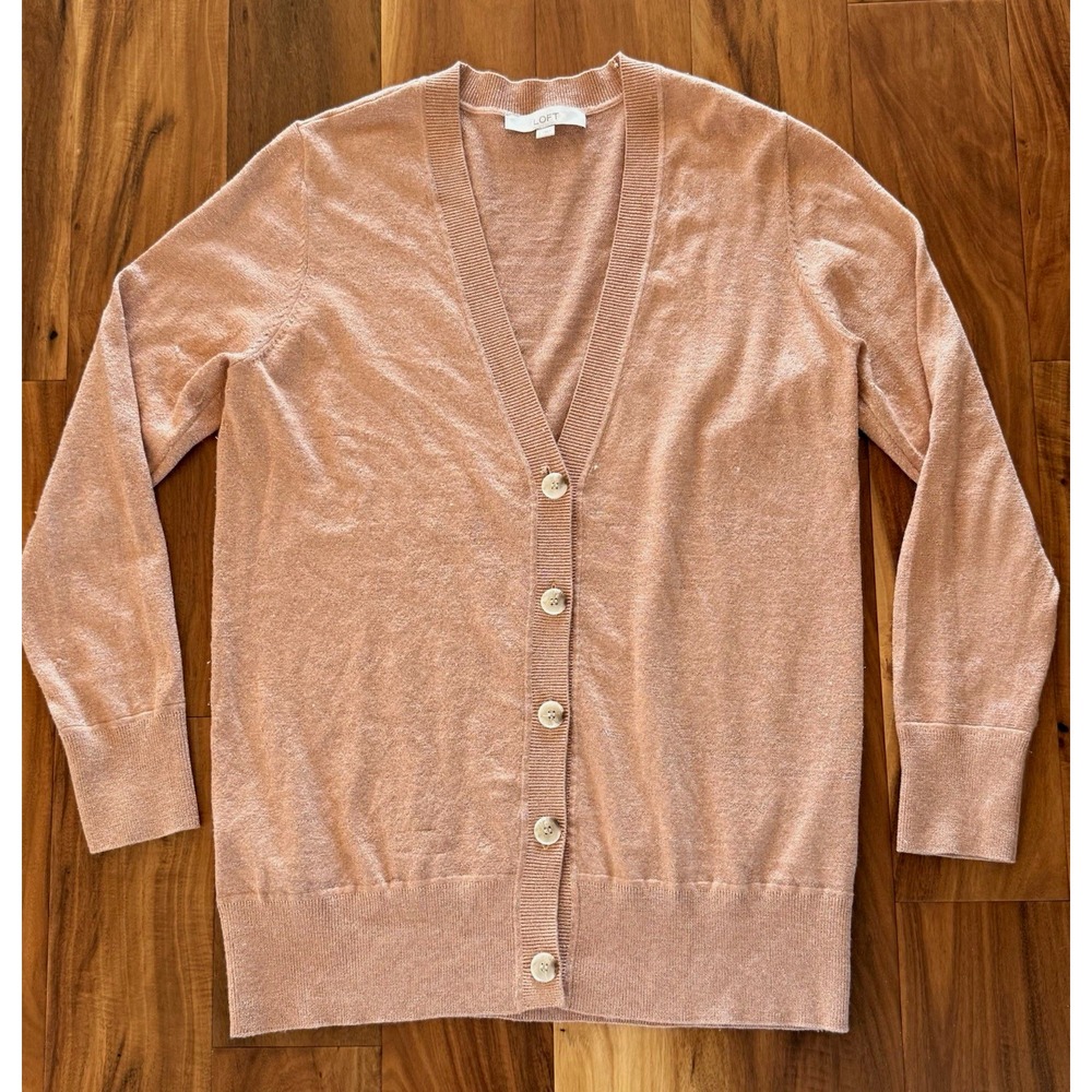 LOFT Women's Knit Cardigan Sweater Button Front Solid Pale Orange Sparkle Size L